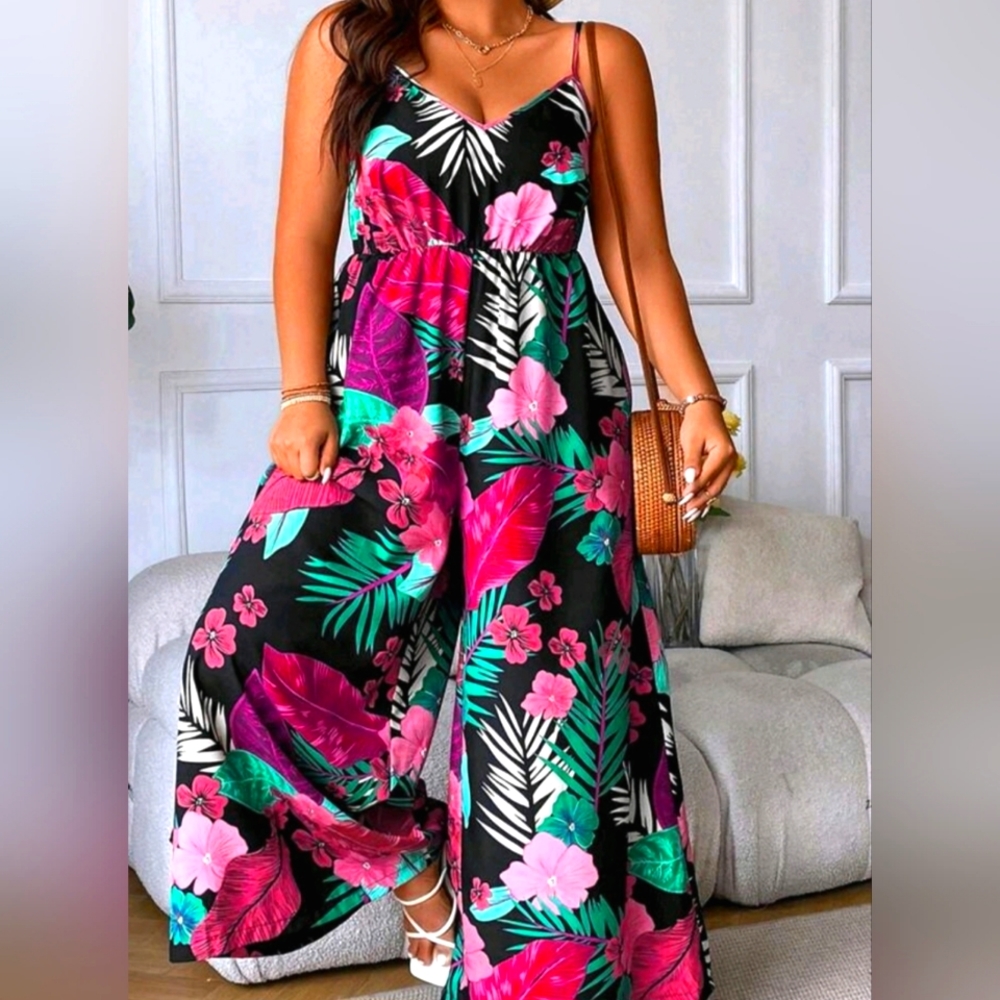 Plus Size 20 Tropical Print Wide Leg Jumpsuit